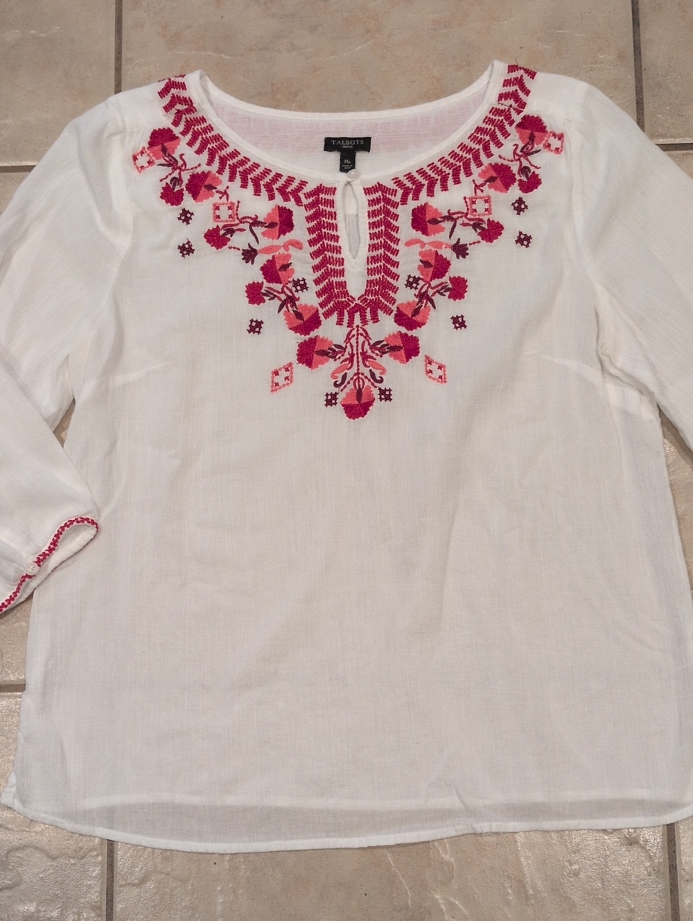 Talbots White Sheer Embroidered Gauze Blouse Size Medium Petite